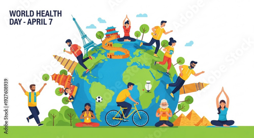 World health day illustration with diverse people exercising and landmarks around the globe on green grass