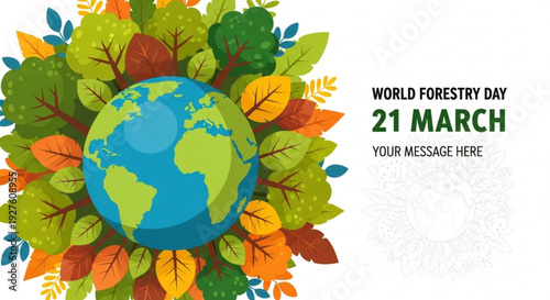 World forestry day illustration with globe surrounded by colorful leaves on white background for eco awareness