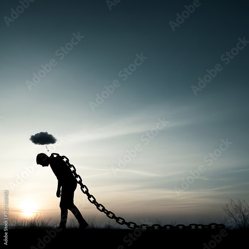 Silhouette of a person dragging a heavy chain with a dark cloud overhead, symbolizing burden, depression, or past mistakes.