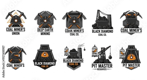 Collection of coal mining related logos and emblems in vintage style.