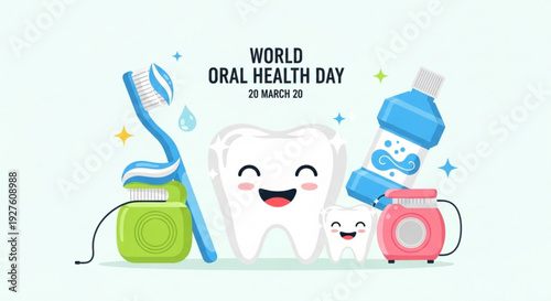 World oral health day illustration with smiling tooth character toothbrush toothpaste and dental hygiene products on light green background