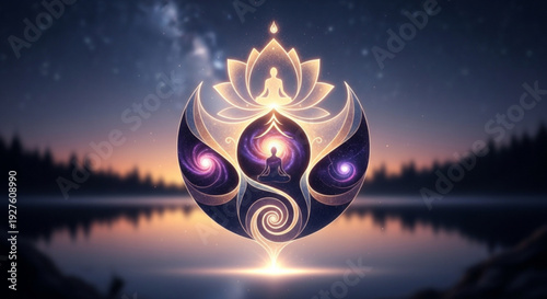 Glowing purple and gold yin yang symbol with lotus flower at serene lake sunset with starry night sky