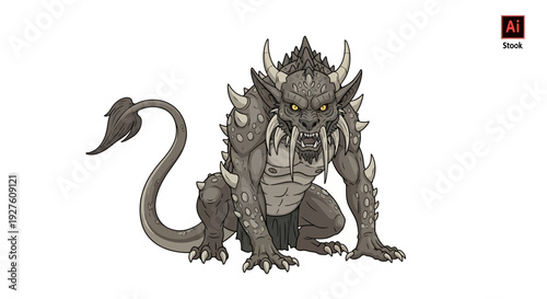 Fantasy creature with horns and sharp teeth illustration.
