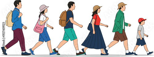 Flat vector illustration of a diverse group of people walking together side view including men women and a child outdoors