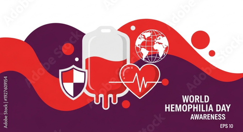 World hemophilia day awareness poster with blood bag heart and shield on purple background