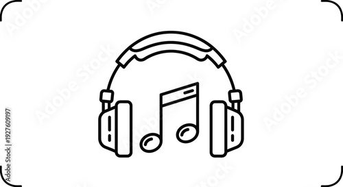 Simple black line illustration of headphones with music note.