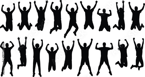 Large silhouette collection of happy people jumping and cheering with arms raised in celebration isolated on white background for success and achievement concepts