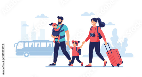 Happy family with father carrying a baby in a carrier, a young daughter, and mother pulling a red suitcase on vacation.