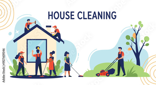 Professional house cleaning and landscaping team working together on a home exterior and mowing the green lawn.