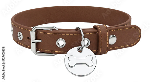 Brown Leather Dog Collar with Bone-Shaped Tag