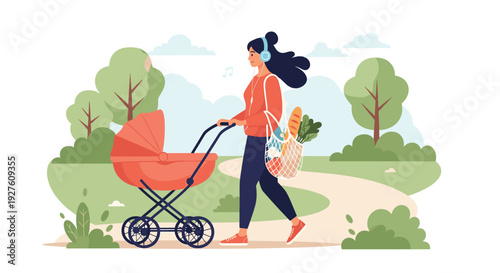 Woman walking through a sunny park with a baby in a stroller while carrying groceries and listening to music.