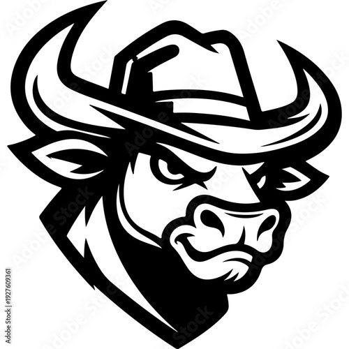 Fierce bull head mascot in cowboy hat, angry expression, western style. Black and white vector with thick outlines isolated on white background