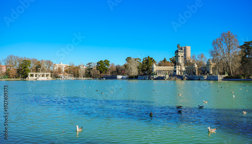 View of the Retiro Park on a sunny day in winter in Madrid, Spain. 