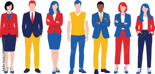 Flat vector illustration of a diverse professional business team standing together wearing colorful formal suits and smart casual office attire