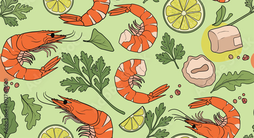 Seamless seafood pattern showing delicious cooked prawns with lemon wedges and fresh green parsley on a light background.