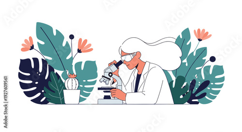 Female researcher examines samples through a laboratory microscope surrounded by lush tropical green leaves and flowers.