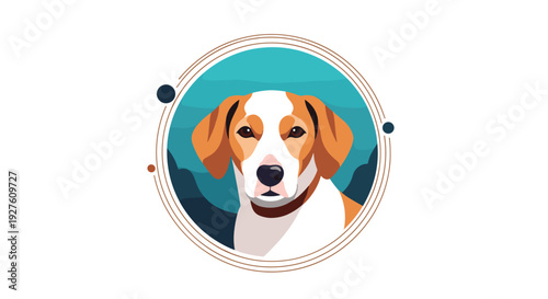 Cute dog portrait featuring a brown and white hound inside a circular frame with a minimalist landscape background.