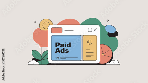 A colorful illustration of a paid ads webpage on a computer screen with vibrant graphics and plants
