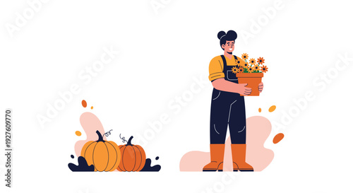 Cheerful female gardener in overalls and boots holds a potted plant next to ripe pumpkins during the autumn harvest.