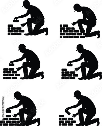 Bricklayer worker silhouettes set showing masonry construction process, laying bricks, building wall structure, manual labor concept isolated on white background