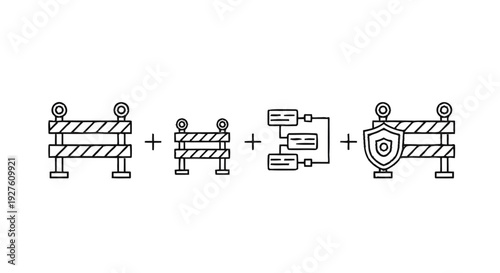 Construction barriers and security shield icon combination.