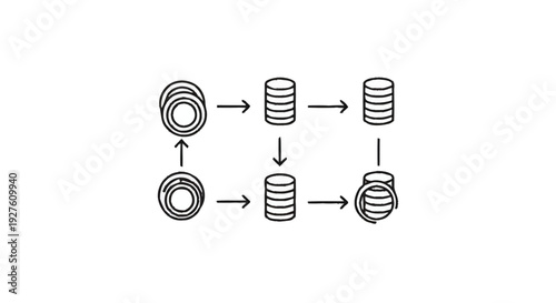 Database flow diagram with stacked coins representing data.
