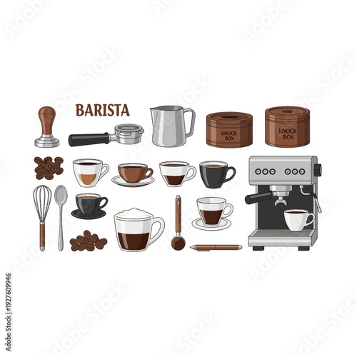 Barista Coffee Shop Equipment Pixel Art Set