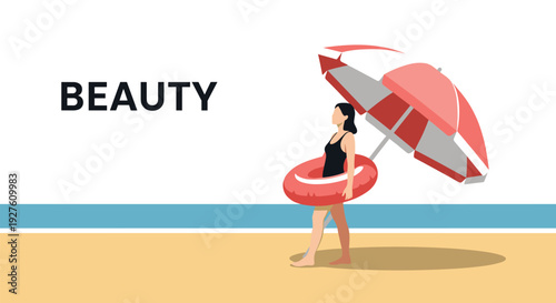 Stylish woman in a black swimsuit walks along a sandy beach with a red swim ring and sun umbrella during summer.