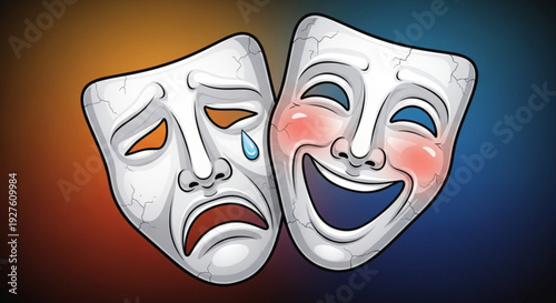 Theatrical comedy and tragedy masks on colorful gradient background symbolizing emotions and acting