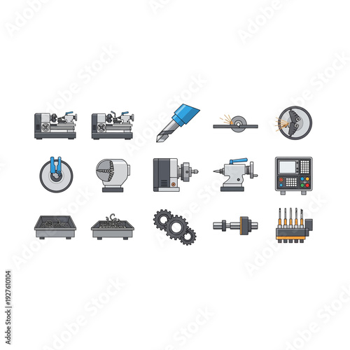Set of Industrial Machine Icons, Vector Graphics for Manufacturing