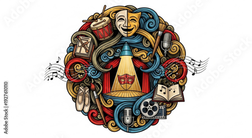 Theatrical masks surrounded by colorful swirling patterns and comedy tragedy symbols in a circular design