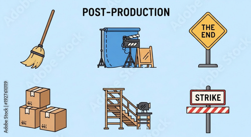Film production wrap up concept with post production signs and tools on light blue background