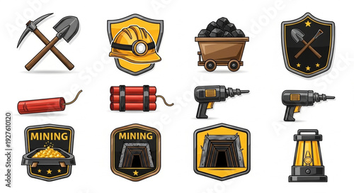 Mining tools and equipment icons representing the industry and related activities.