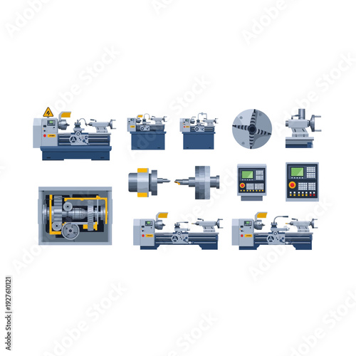 Various Lathe Machines and Parts, Industrial Manufacturing Vector Set
