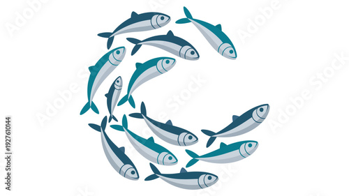 A school of cartoon fish swimming in a circular motion on a white background