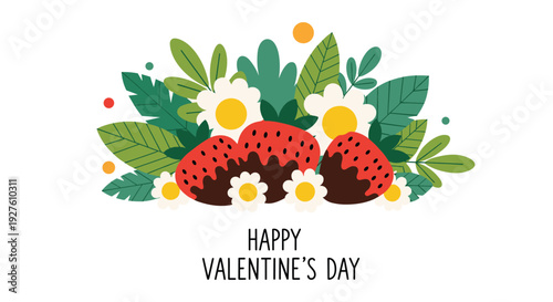 Delicious chocolate covered strawberries and white daisy flowers celebrate valentines day in a lush green arrangement.