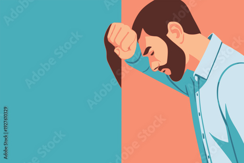 man depressed mental health issue against a wall background flat color vector illustration template design