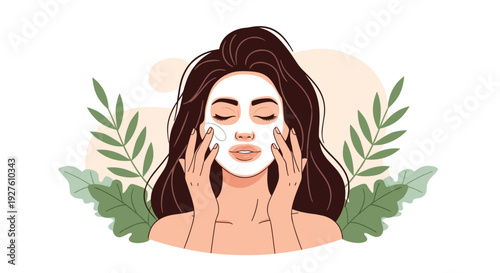 Beautiful woman applies a white spa face mask to her skin surrounded by fresh green leaves for a natural beauty look.