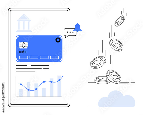 Mobile banking, financial analytics, digital payments, fintech solutions, digital economy, cashless transactions. Smartphone with a bank card and analytics. Mobile banking and financial analytics