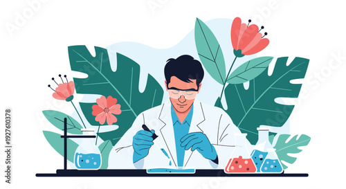 Dedicated male scientist conducts experiments in a lab surrounded by giant tropical leaves and colorful flowers.