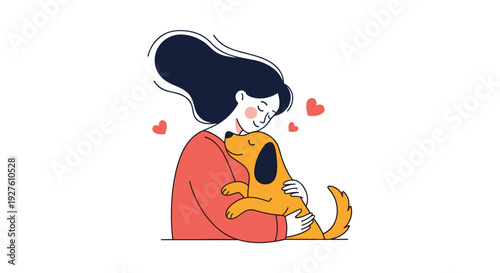 Loving woman hugs her happy pet dog with small red hearts floating around representing their strong emotional bond.