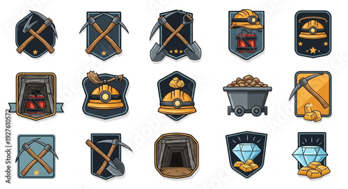 Collection of various mining and mineral related emblems and badges.