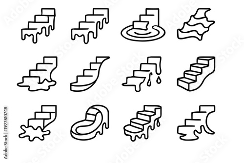 Liquid Staircase Icons. Surreal liquid staircases. Line outline icon set of surreal liquid staircases: melting