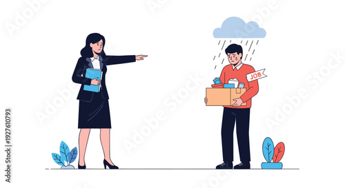 Sad employee walks away under a rain cloud carrying his box of office belongings after being dismissed by his boss.