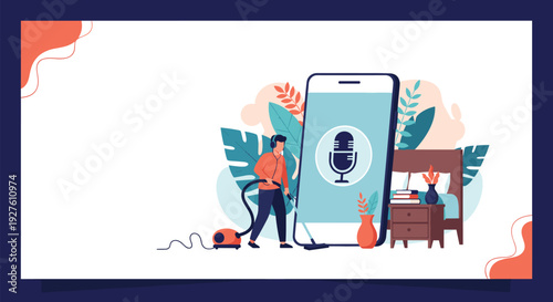 Person using a vacuum cleaner to clean the screen of a massive smartphone in a cozy bedroom setting with plants.