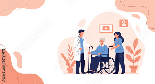 Professional doctor and nurse provide care for a senior man in a wheelchair in a medical facility or nursing home.