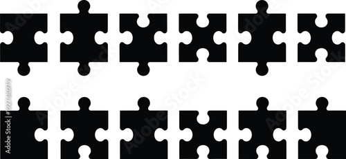 Jigsaw puzzle pieces silhouette set with various interlocking shapes and connection styles in cad drawing flat vector illustration for business teamwork