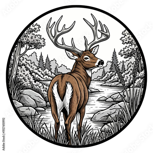 Hand drawn whitetail deer buck in nature forest river landscape round emblem vintage vector style