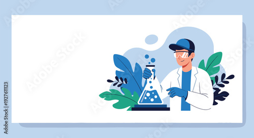 Professional male scientist in a lab coat and safety goggles holding a chemical flask filled with blue liquid and bubbles in a laboratory.