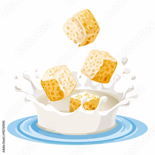 Cereal cubes falling into a bowl of milk with splash.